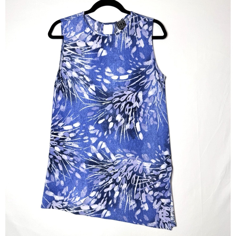 Clara Sun Woo XS Blue Artsy Botanical Print Asymmetric Tunic‎ Top Sleeveless
